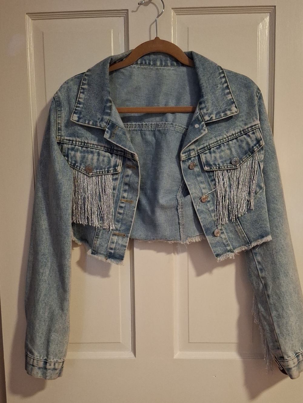SHEIN Light Blue Cropped Denim Jacket with Silver Fringe